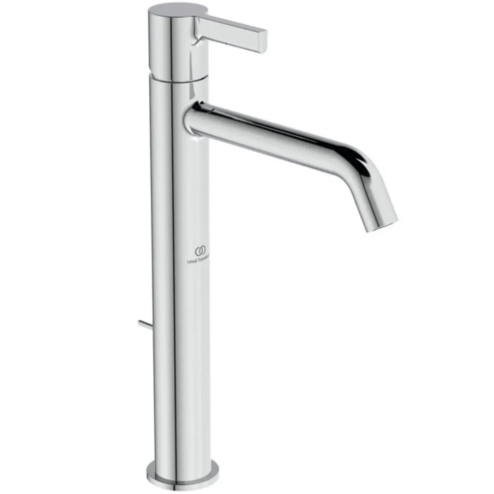 Chromene Waschtischarmatur mit seitlichem Hebel und Auslauf, hergestellt von Ideal Standard. Der Armaturenkörper hat eine klare, moderne Form.
